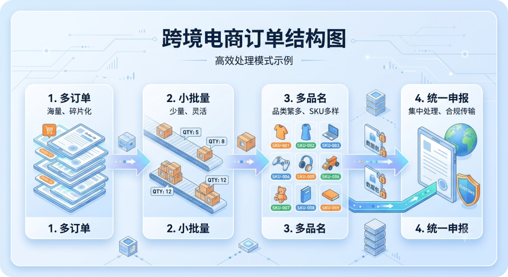 cross-border-ecommerce-multi-order-declaration-9610-9810 跨境电商多订单多品名9610 9810出口报关申报结构图