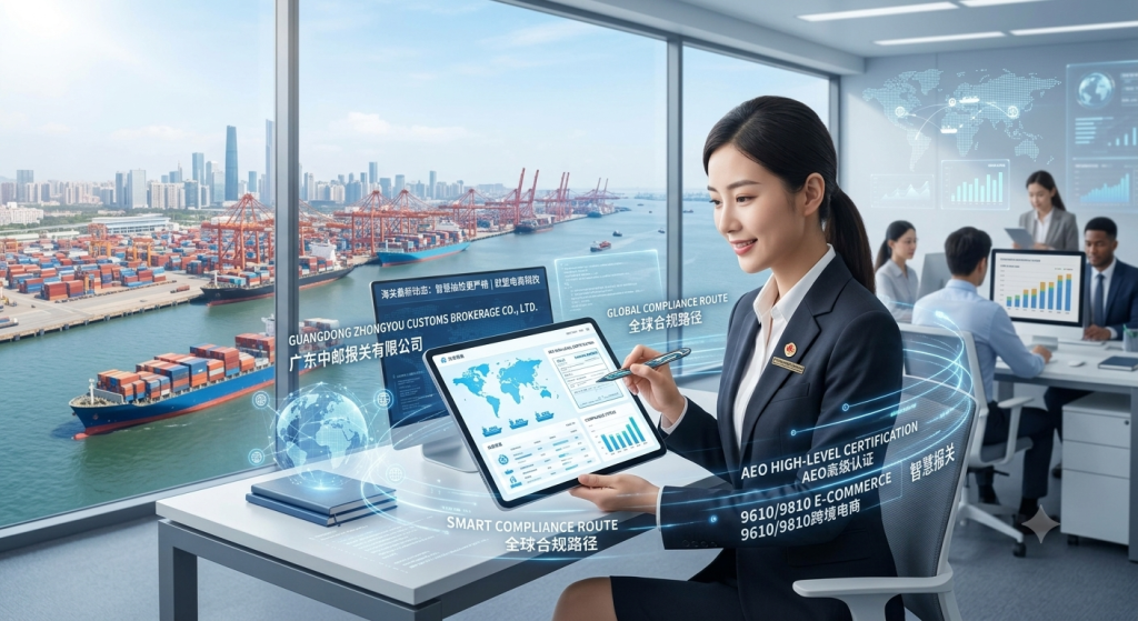 广东中邮报关有限公司的智慧报关员通过平板电脑展示全球合规路径与AEO高级认证，背景为繁忙的广州港 container terminal。