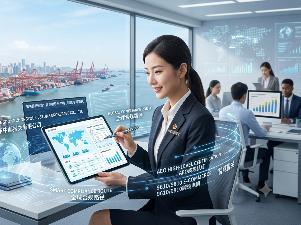 广东中邮报关有限公司的智慧报关员通过平板电脑展示全球合规路径与AEO高级认证，背景为繁忙的广州港 container terminal。